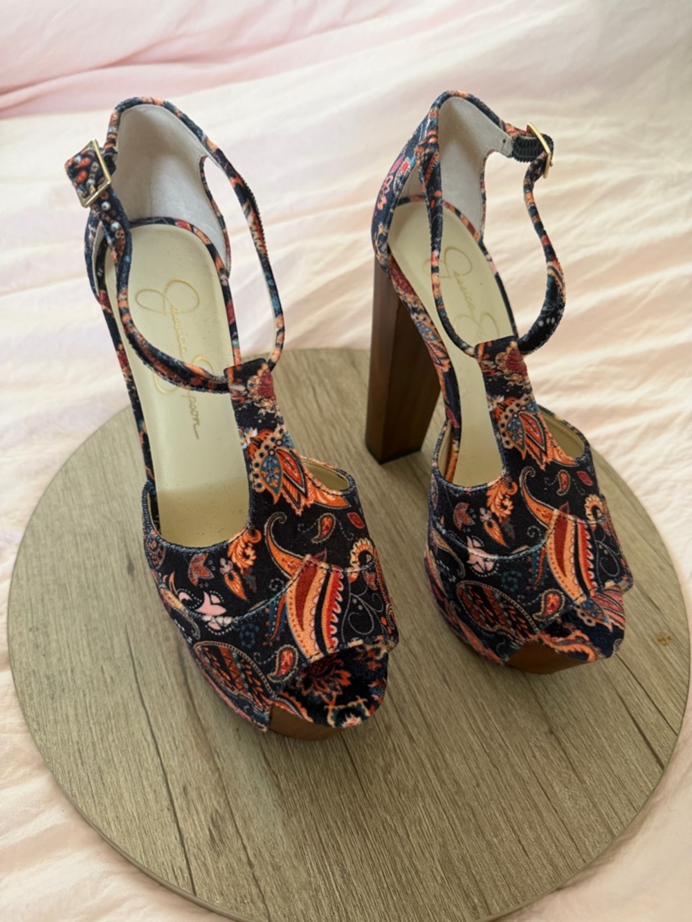 Jessica Simpson Dany SIZE 7 Navy Paisley Platform Ankle-Strap Heels NEVER WORN